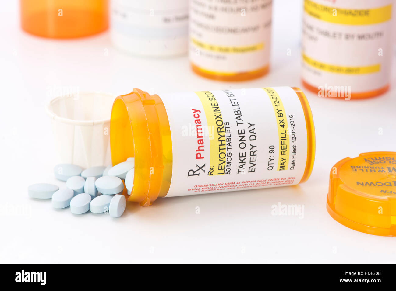 Levothyroxine Sodium bouteille d'ordonnance. La lévothyroxine est un médicament générique nom et l'étiquette a été créée par le photographe. Banque D'Images