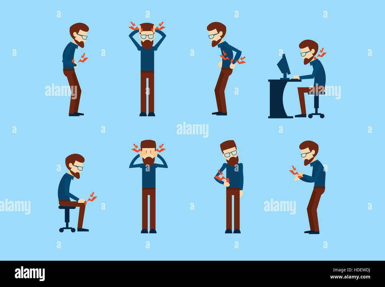L'homme d'affaires ensemble de la douleur des malades du Syndrome de bureau Télévision Collection Vector Illustration Illustration de Vecteur