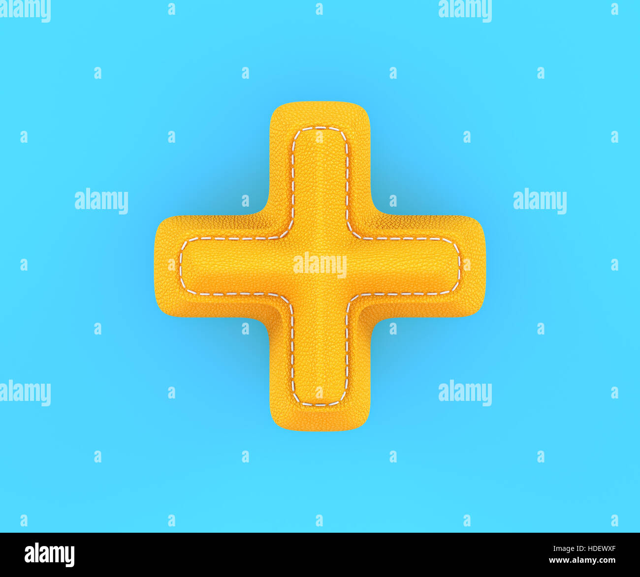 Chiffres la texture de la peau en cuir jaune alphabet plus somme chanter mark lettre. Le rendu 3d illustration Banque D'Images