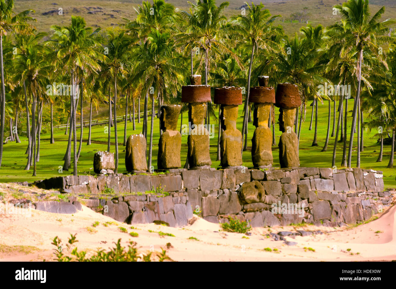 Moai sur une plage sur l'île de Pâques, Chili Banque D'Images
