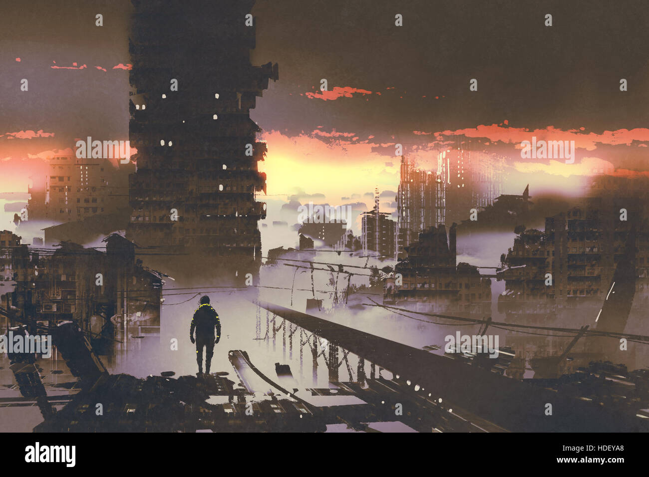 Homme debout dans la ville abandonnée,concept sci-fi,illustration peinture Banque D'Images