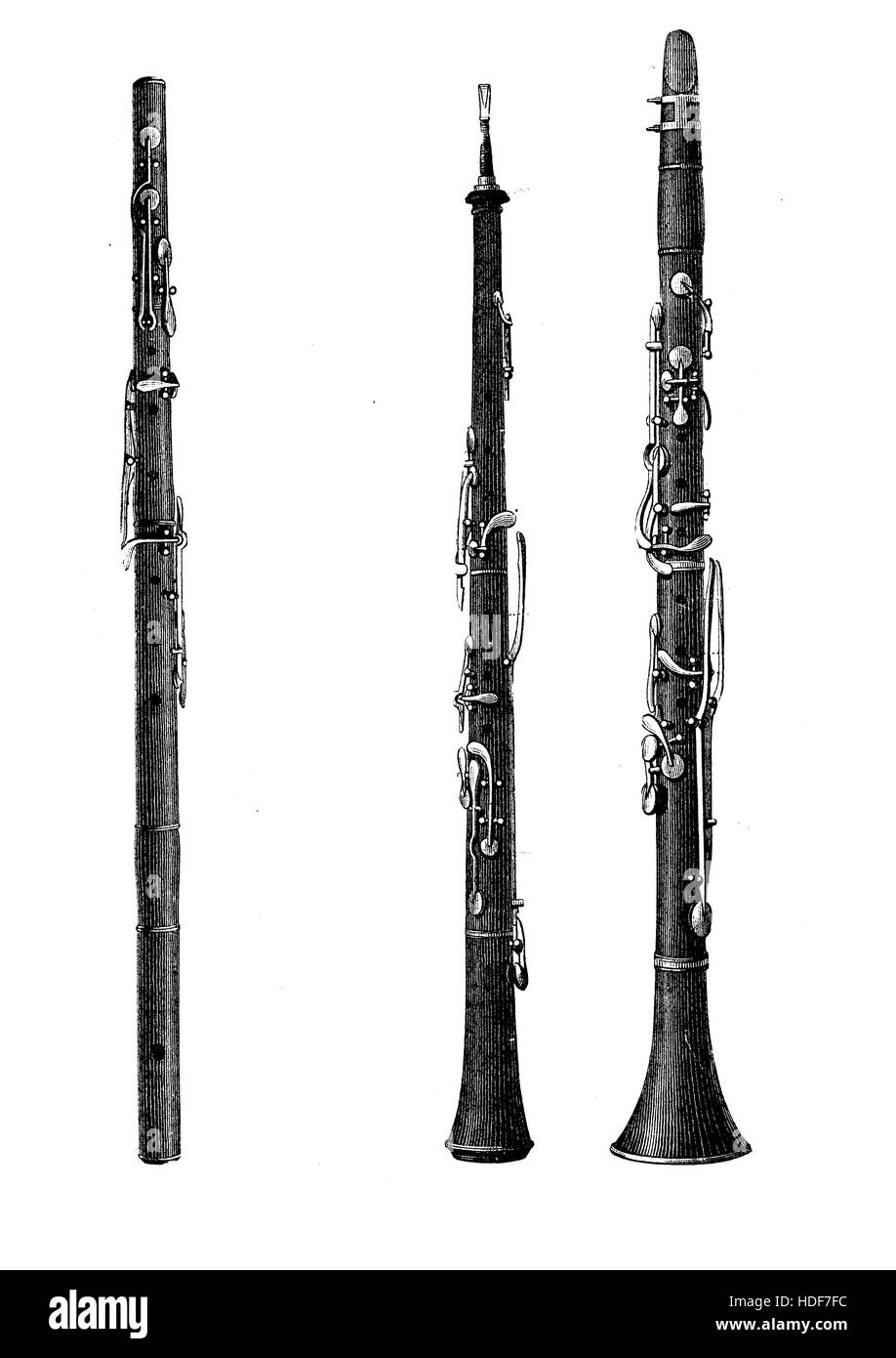 Les instruments à vent, hautbois, clarinette et flûte, XIX siècle gravure vintage Banque D'Images