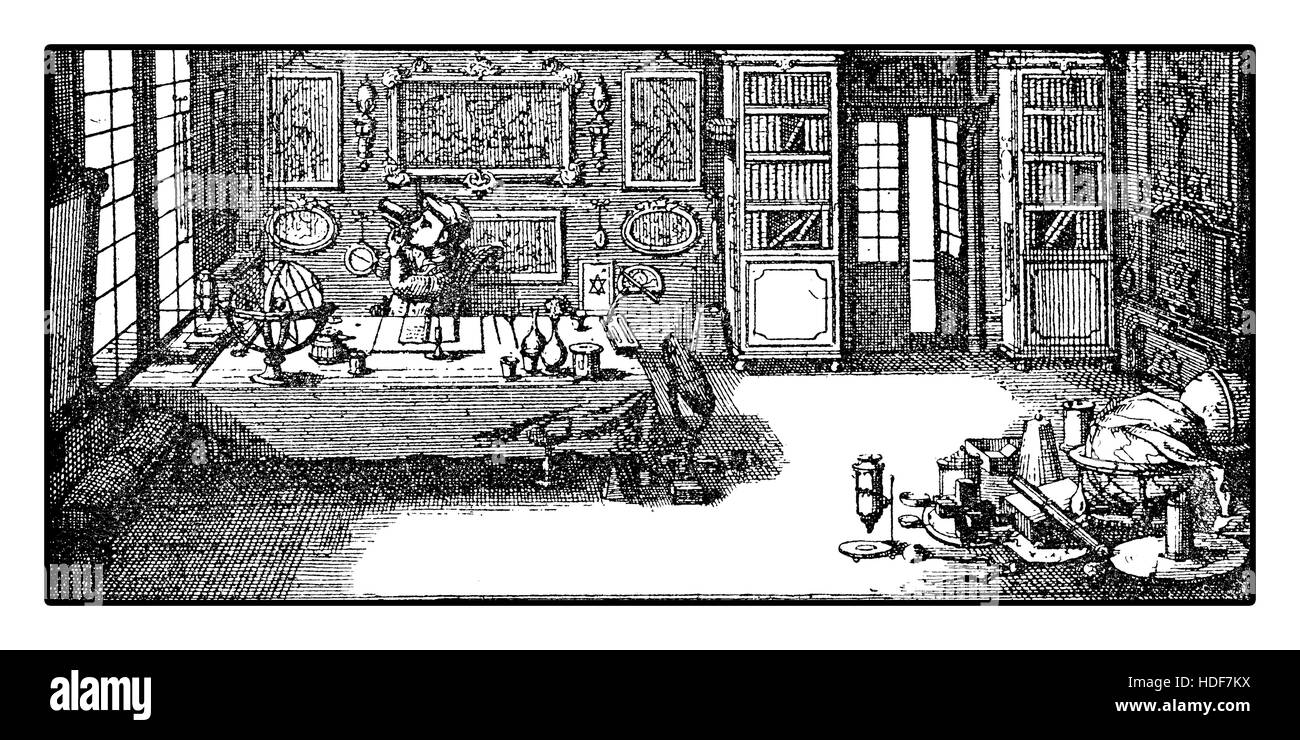 Description de l'atelier d'un scientifique microscopiste explorer le micromonde en XVIII siècle Banque D'Images Description de l'atelier d'un scientifique microscopiste explorer le micromonde en XVIII siècle Banque D'Images