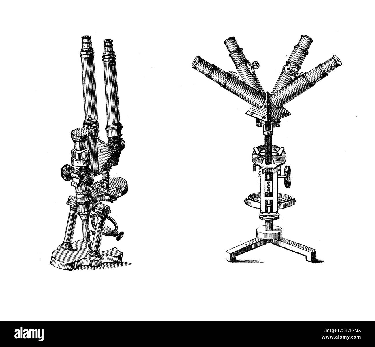 L'équipement de laboratoire à la fin XIX siècle, microscope binoculaire et quadriocular Banque D'Images