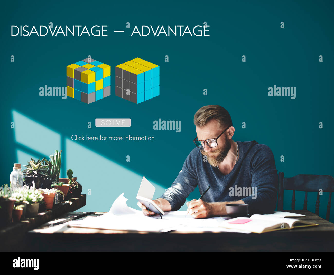 Concept de solution de comparaison Avantage Inconvénient Banque D'Images