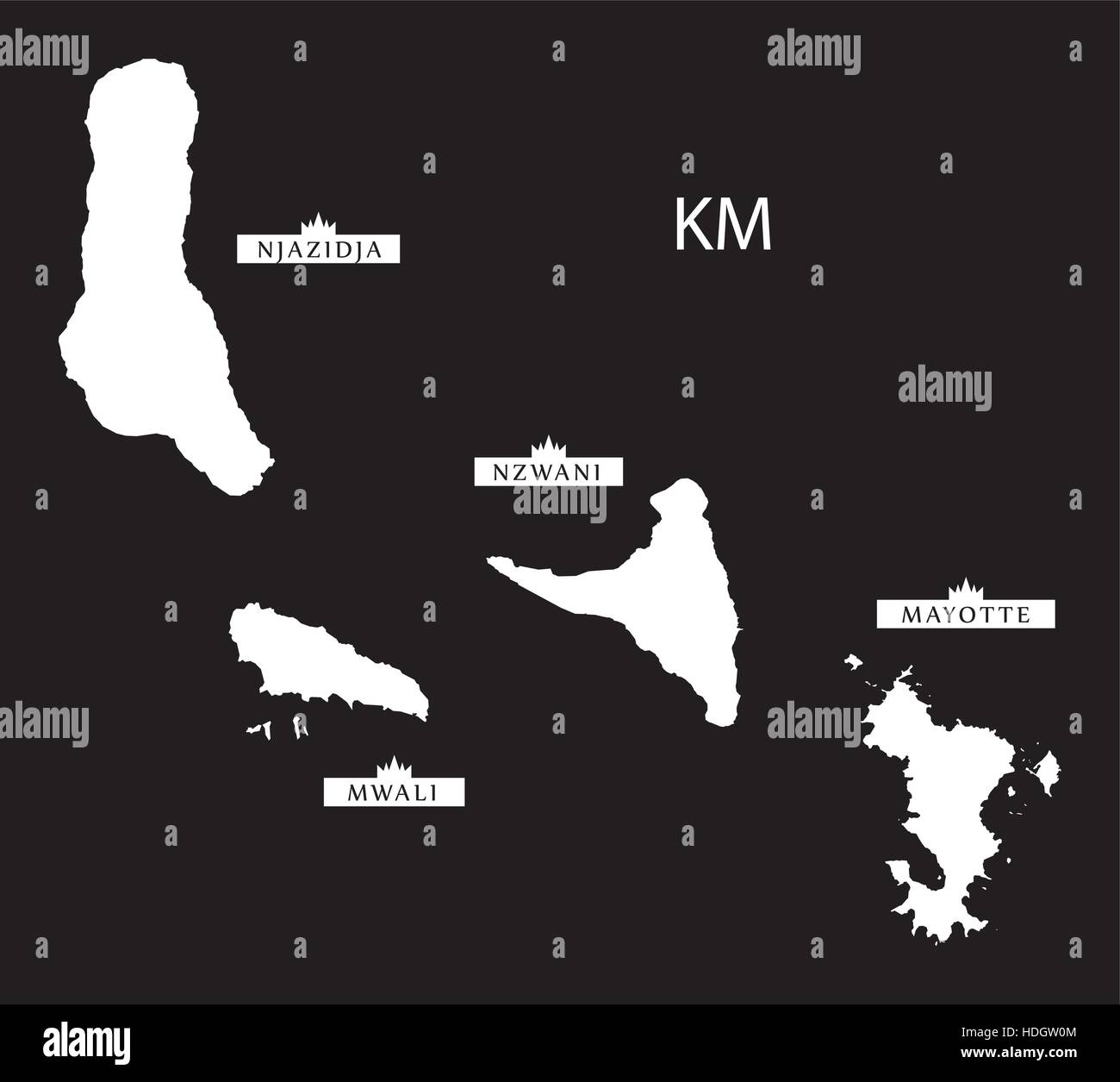 Comores avec région details Map illustration noir et blanc Illustration de Vecteur