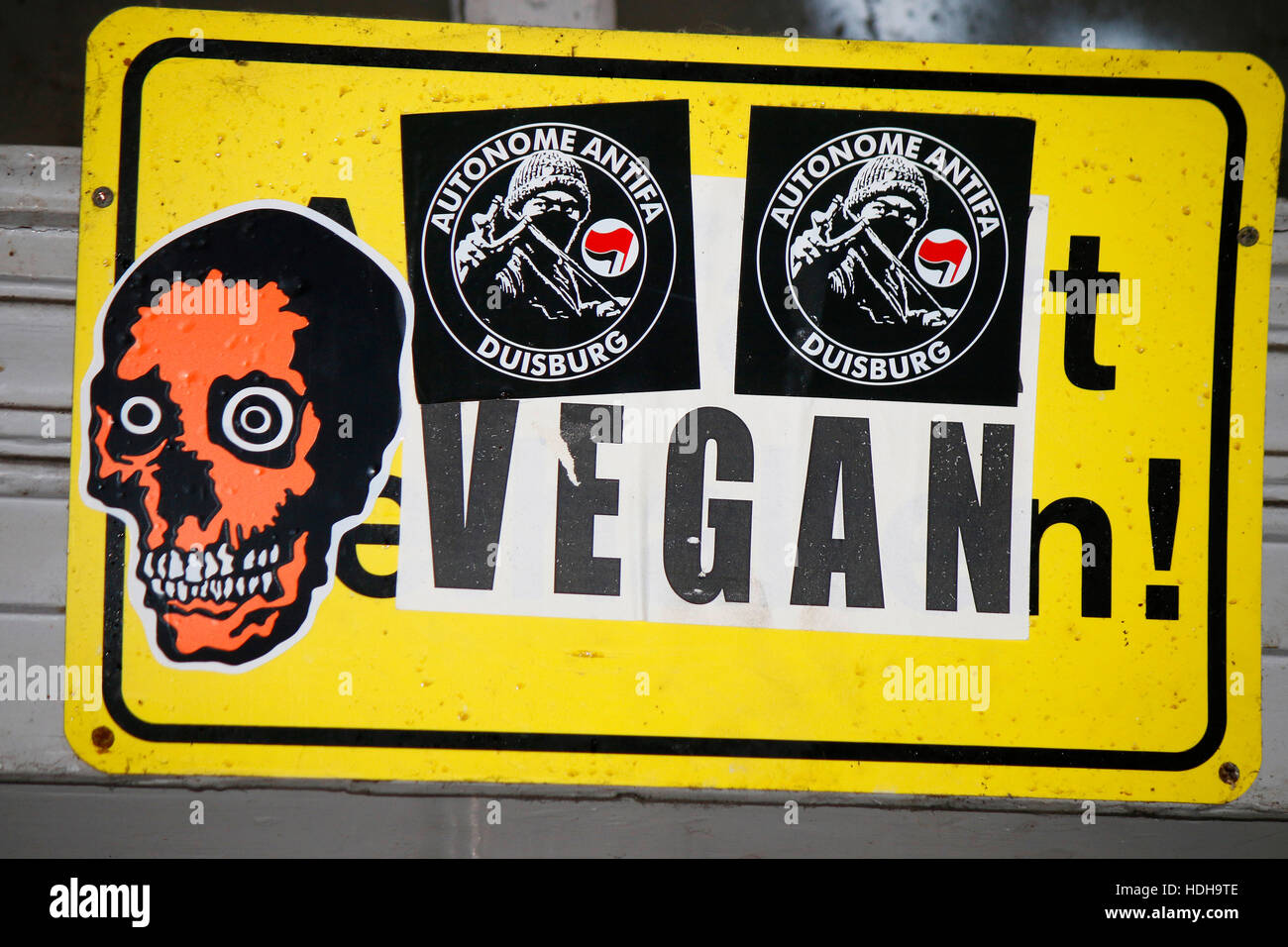 Street Art : Totenkopf, végétalien, Antifa-Sticker, Berlin-Kreuzberg. Banque D'Images