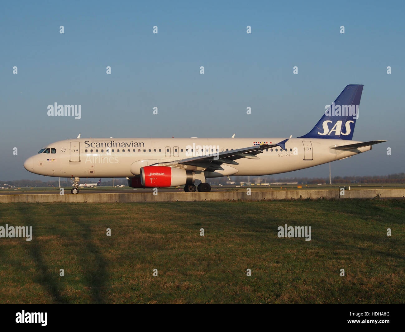 Se-RJF, un Airbus A320-232 portant le numéro de série 6605, est vu à l'aéroport de Schiphol aux pays-Bas en traversant l'autoroute A5 sur son chemin vers la piste 36L. Cet avion fait partie de la flotte SAS, reconnue pour son efficacité et sa fiabilité dans le transport aérien européen. Banque D'Images