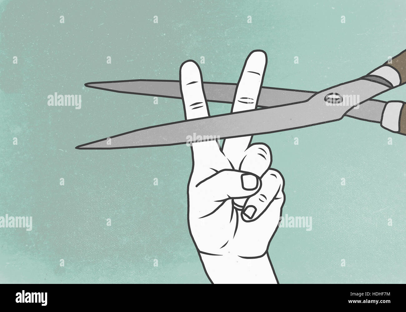 Illustration de la main montrant signe de la paix avec des ciseaux représentant la violence Banque D'Images