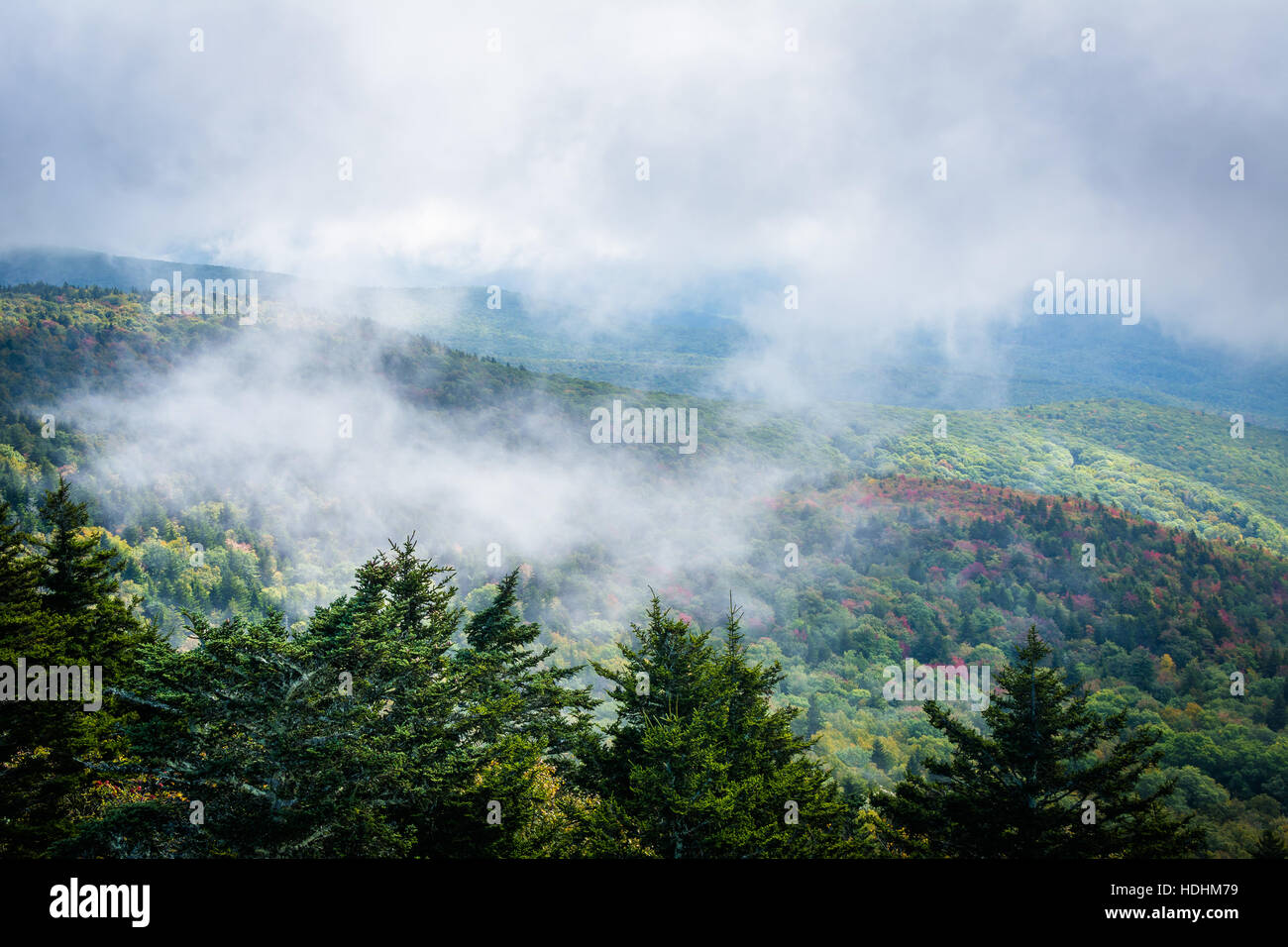 Vue brumeuse de la Blue Ridge Mountains de Grandfather Mountain, Caroline du Nord. Banque D'Images