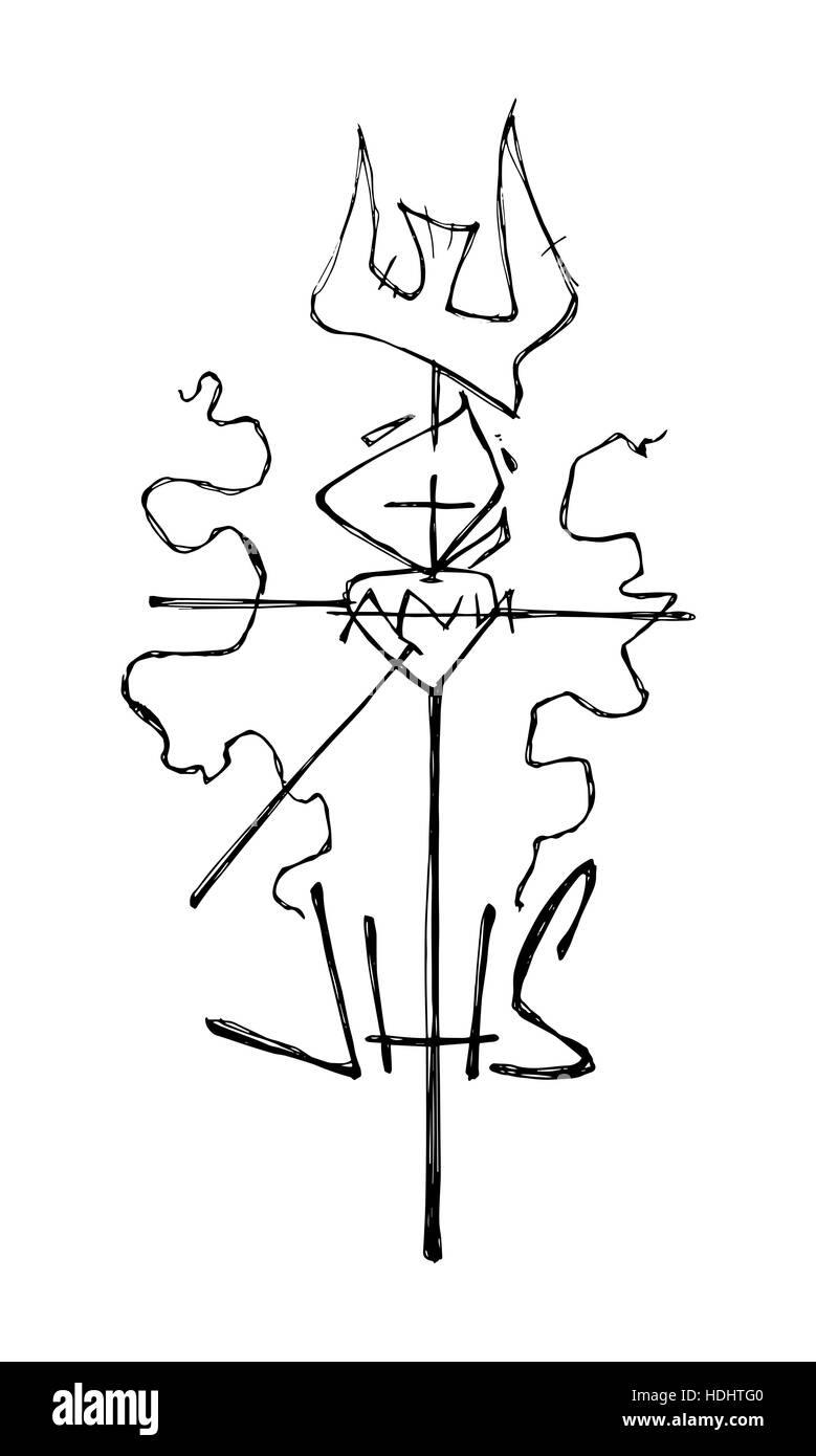 Hand drawn vector illustration ou dessin d'une croix chrétienne et symboles religieux Banque D'Images