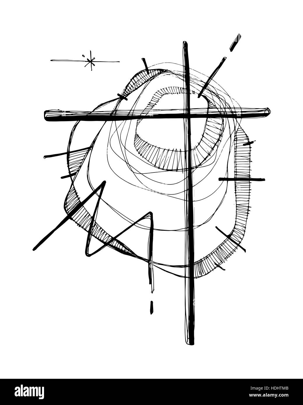 Hand drawn vector illustration ou dessin d'une croix chrétienne et d'un abstract background Banque D'Images