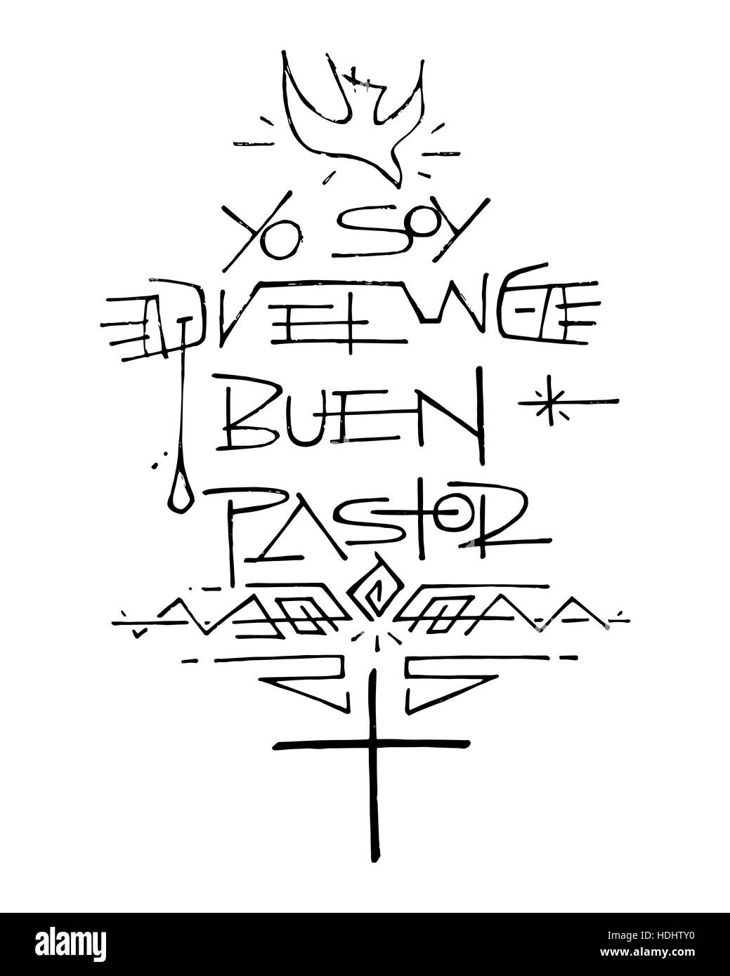 Hand drawn vector illustration ou dessin d'une croix chrétienne, une colombe et autres symboles, avec la phrase en espagnol qui dit : Yo soy El Buen Pastor, Banque D'Images