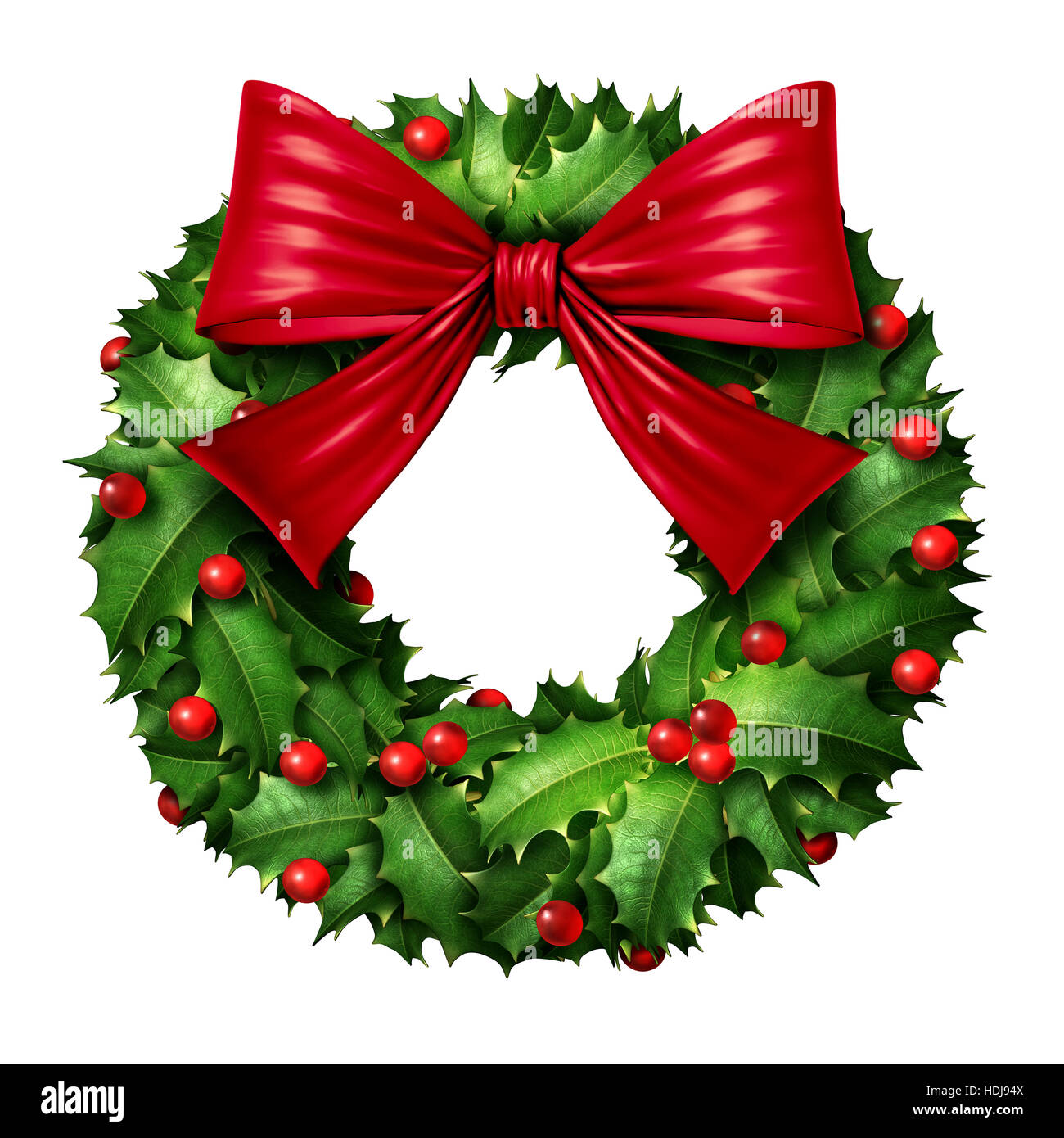 Couronne classique avec ruban de soie rouge arc en d'Holly aux fruits rouges comme un élément de décoration de Noël classique d'hiver et nouvel an fête ornam Banque D'Images