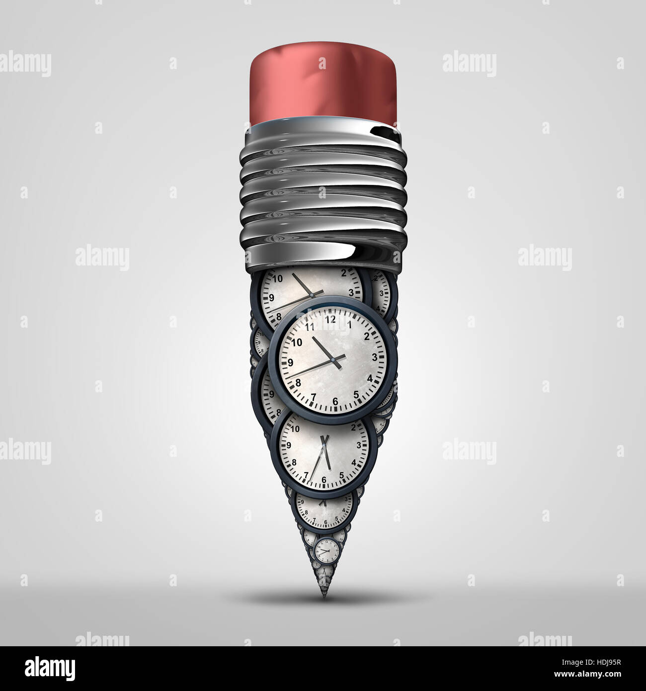 Symbole du temps et de la création au développement de l'annexe en tant que rendez-vous et la gestion des heures de travail comme métaphore d'un crayon faite d'un groupe d'objet de l'horloge Banque D'Images