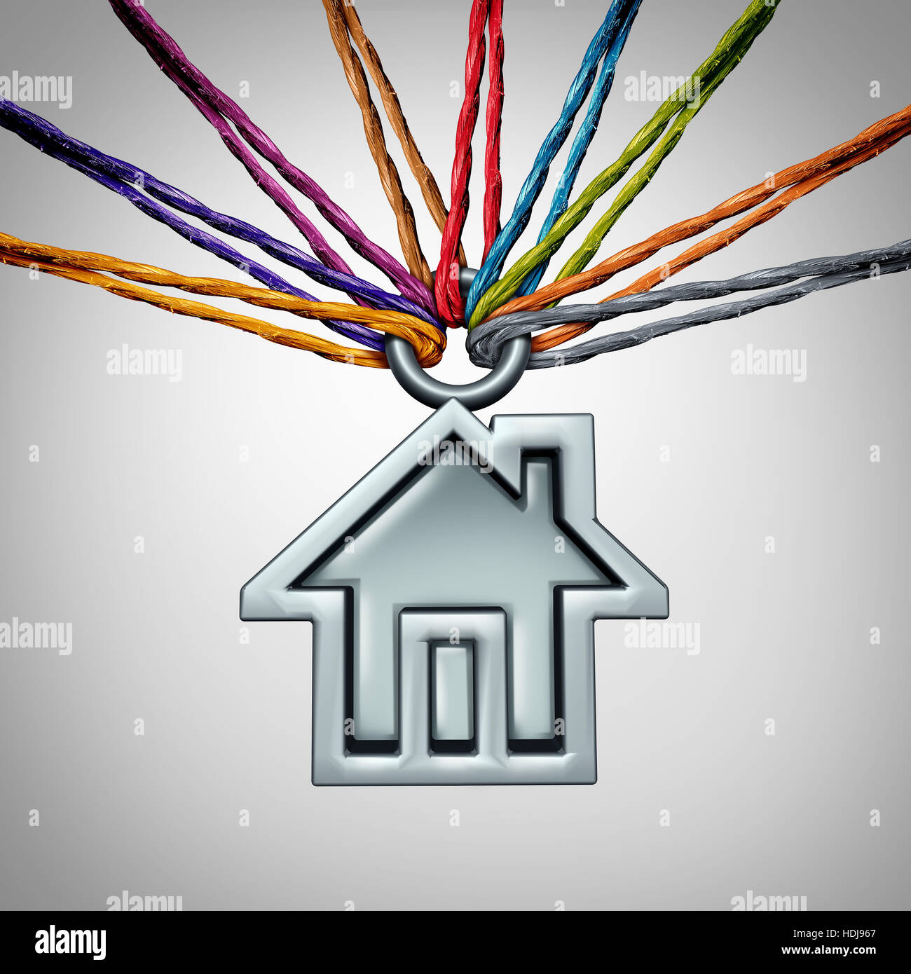 Concept maison communautaire et soutien à domicile groupe quartier symbole comme un ensemble diversifié de cordes une icône d'une résidence familiale avec illustra 3D Banque D'Images