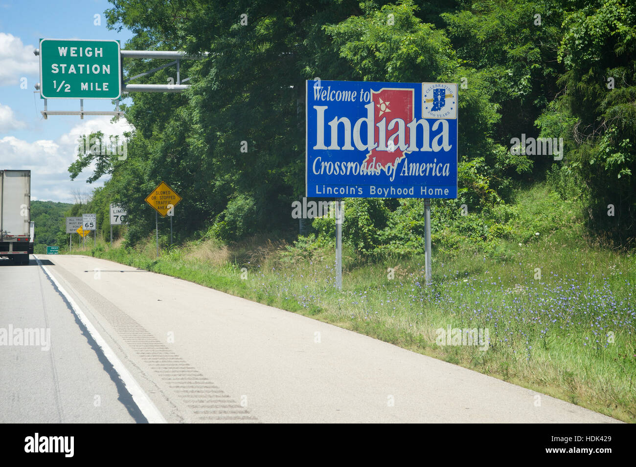 Bienvenue dans l'Indiana, de l'Interstate 74, Harrison, Ohio, USA. Banque D'Images