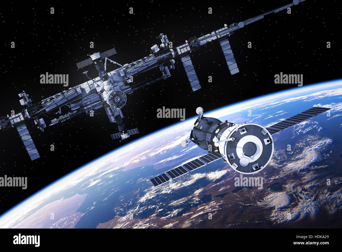 Les satellites se prépare à amarrer à la Station spatiale internationale. 3D Illustration. Banque D'Images