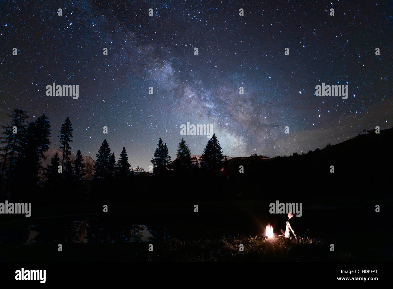 Voie lactée. Ciel de nuit avec des étoiles et silhouette d'un homme Banque D'Images