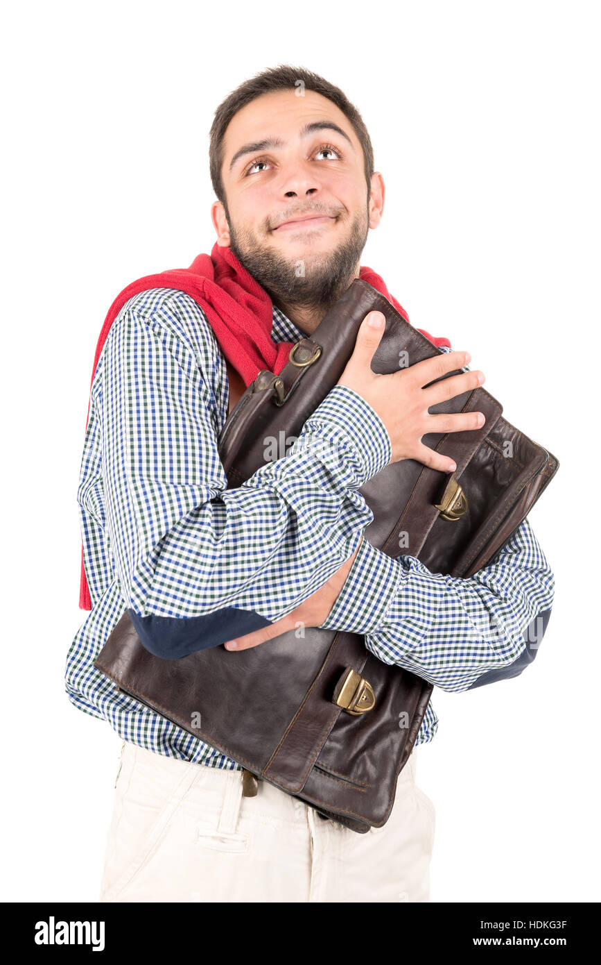 Jeune nerd posant avec un cas isolé dans un fond blanc Banque D'Images