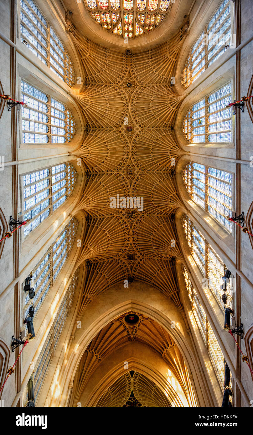Cso ventilateur délicat et remplages de pierre lanterne élevée windows dans le plafond gothique de l'abbaye de Bath dans le Somerset UK Banque D'Images