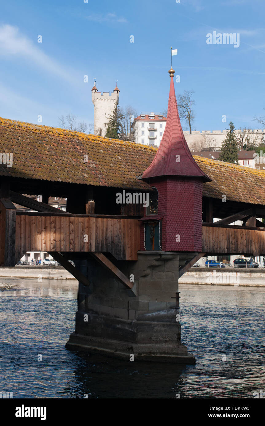 Suisse : les détails de l'Spreuer Pont, le moulin, construit au 13ème siècle dans la ville médiévale de Lucerne Banque D'Images