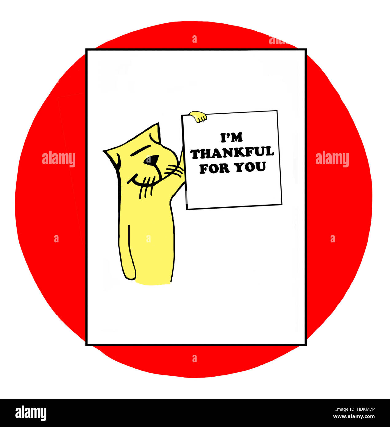Illustration couleur d'un chat jaune avec un panneau "Je suis reconnaissant pour vous'. Banque D'Images