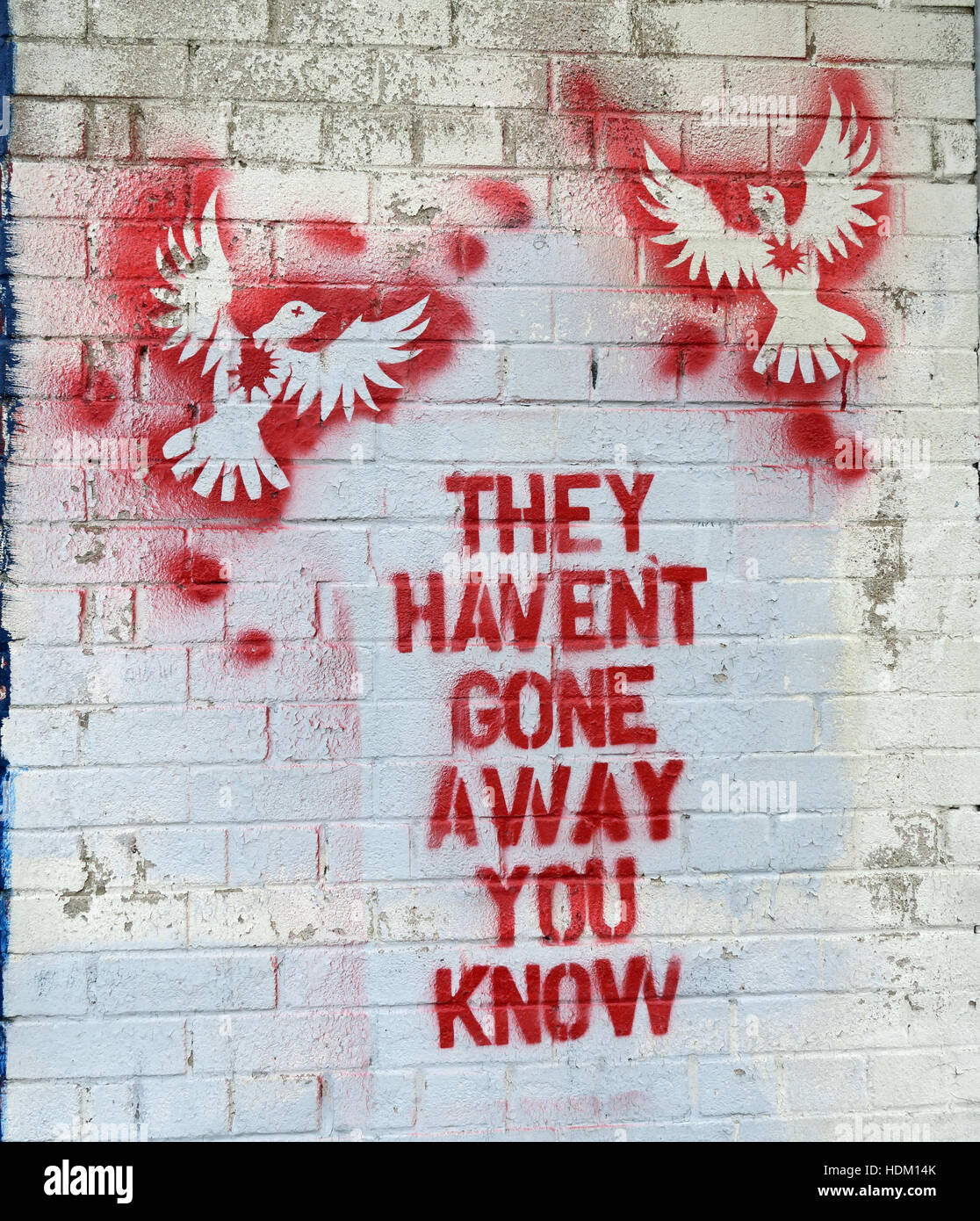 Colombes - ils n'ont pas disparu vous savez - Belfast International Peace Wall,Cupar way,l'Ouest de Belfast,NI,UK (Gerry Adams quote) Banque D'Images