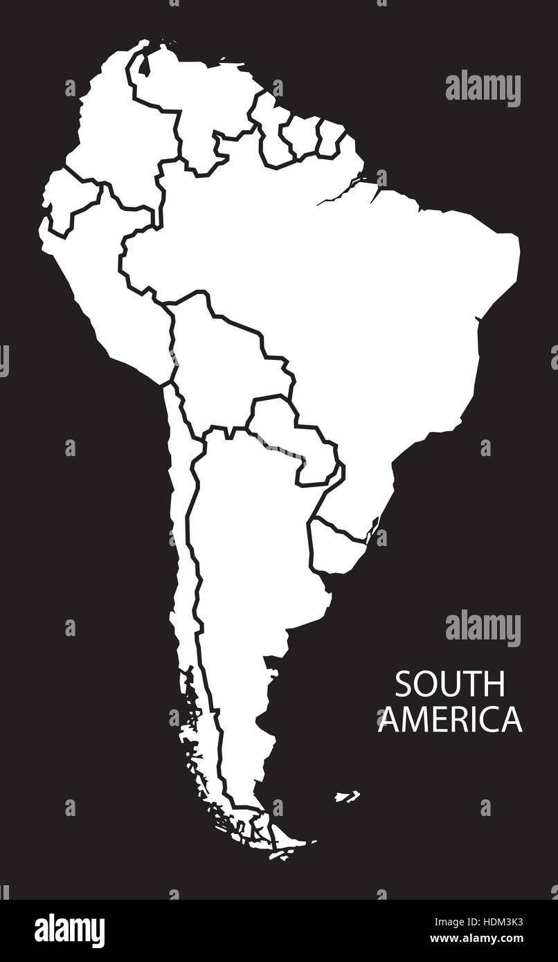 L'Amérique du Sud avec les pays Map illustration noir et blanc Image ...