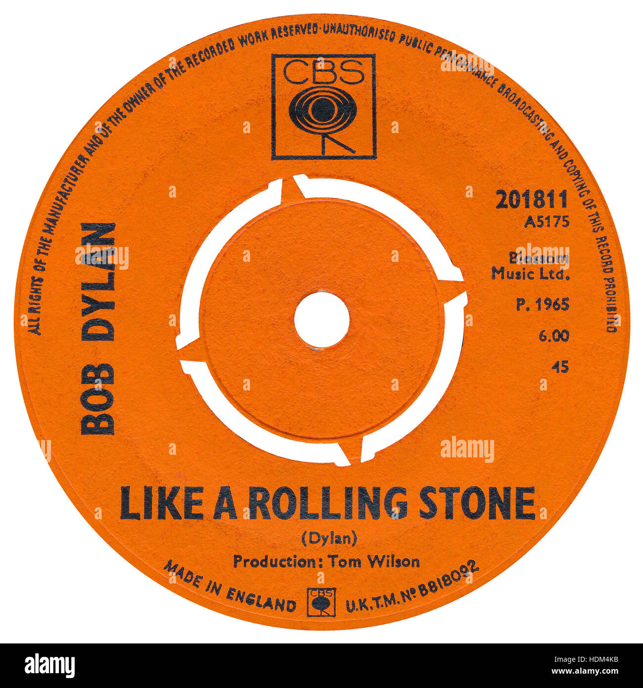 45 TR/MIN 7' UK record label de comme un Rolling Stone de Bob Dylan sur le label CBS à partir de 1965 Banque D'Images