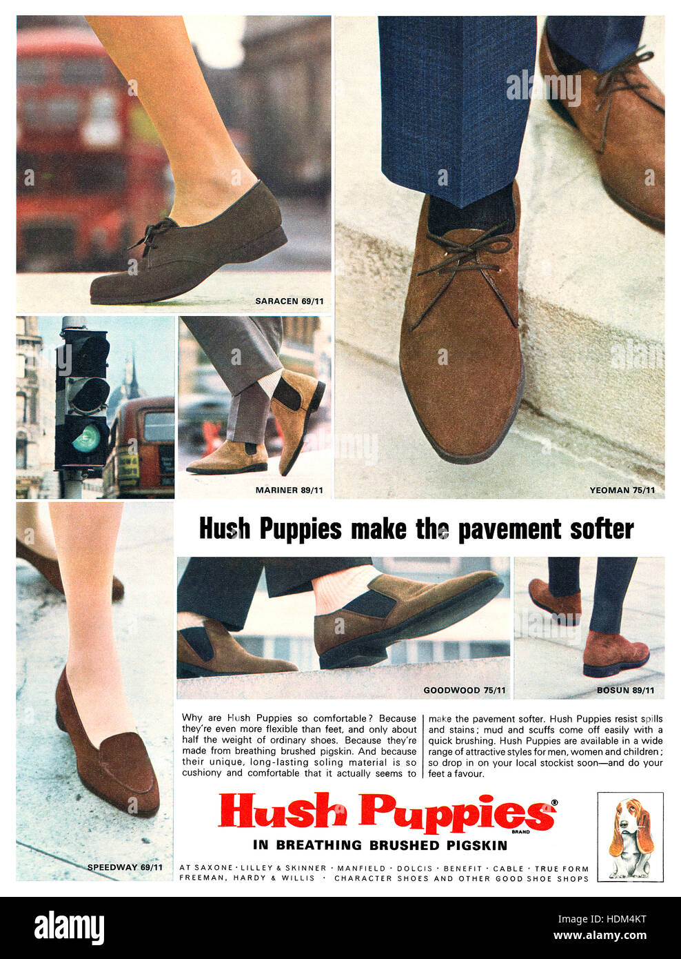 1965 publicité britannique pour les chaussures Hush Puppies. Banque D'Images