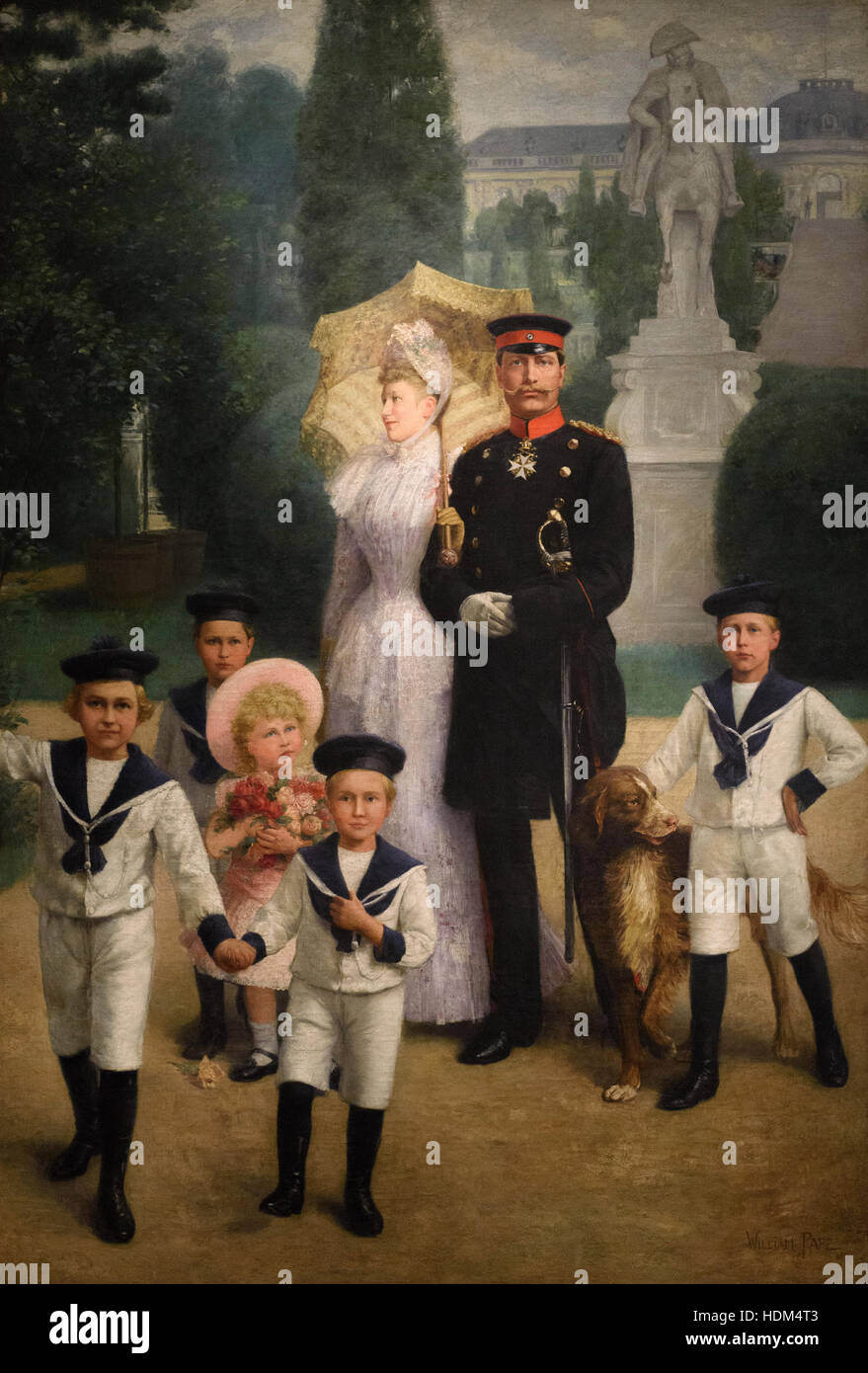 William Pape (1859-1920), Portrait de l'empereur Guillaume II et la famille impériale dans parc Sanssouci, 1891. Kaiserliche Die Familie im Park Sanssouci zu. Banque D'Images