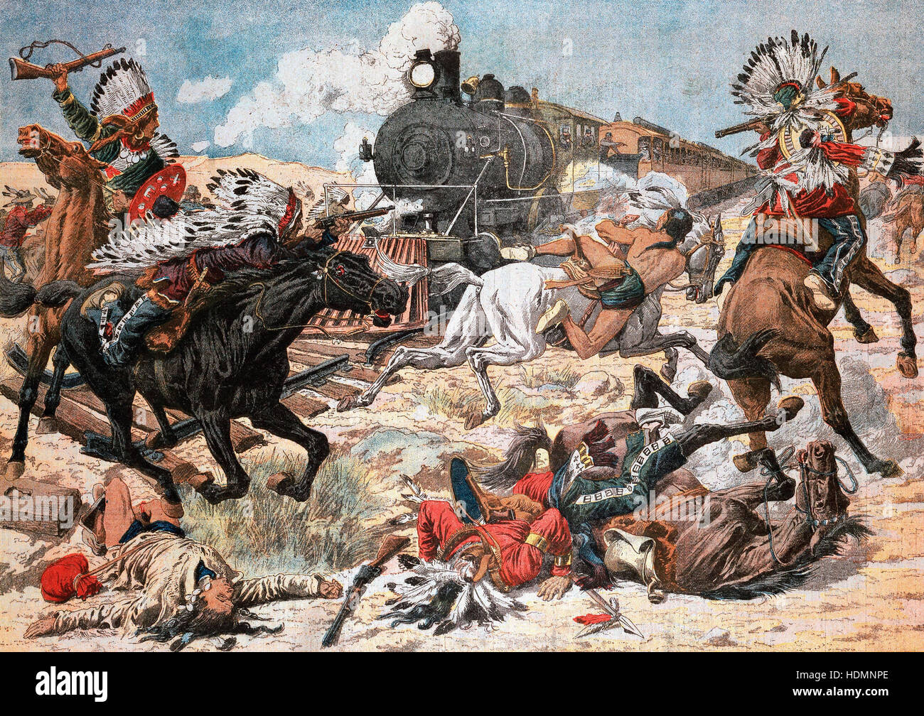 'Le Petit Journal', Paris, 25 février, 1906 - Les Indiens d'Amérique du Nord l'attaque d'un train sur le chemin de fer du Pacifique Sud, l'Arizona. Banque D'Images