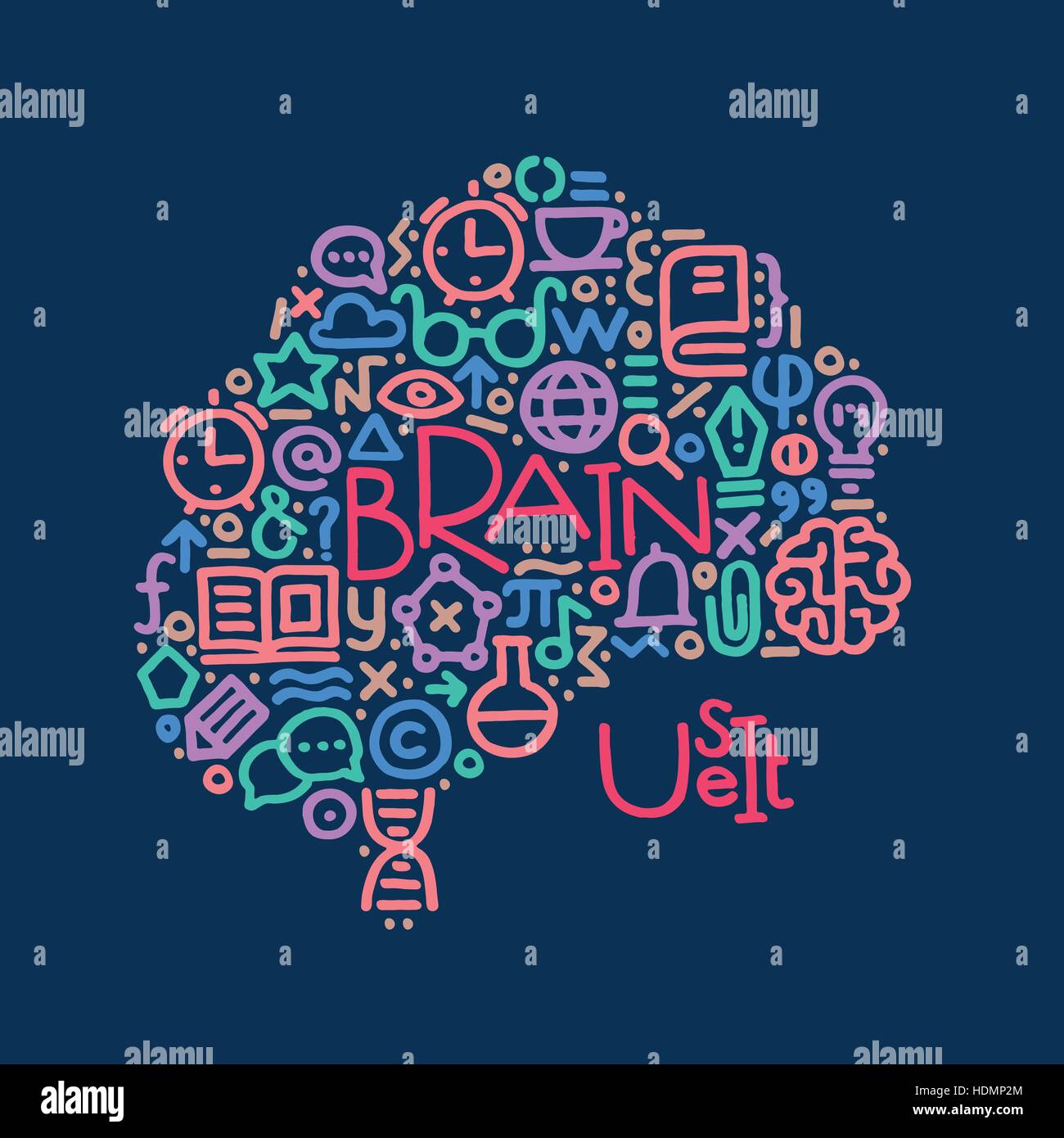 La main moderne vector illustration avec texte : Utilisez-le cerveau, et les différents symboles de la science de l'éducation : livre, cerveau, ballon. L'éducation et schoo Illustration de Vecteur