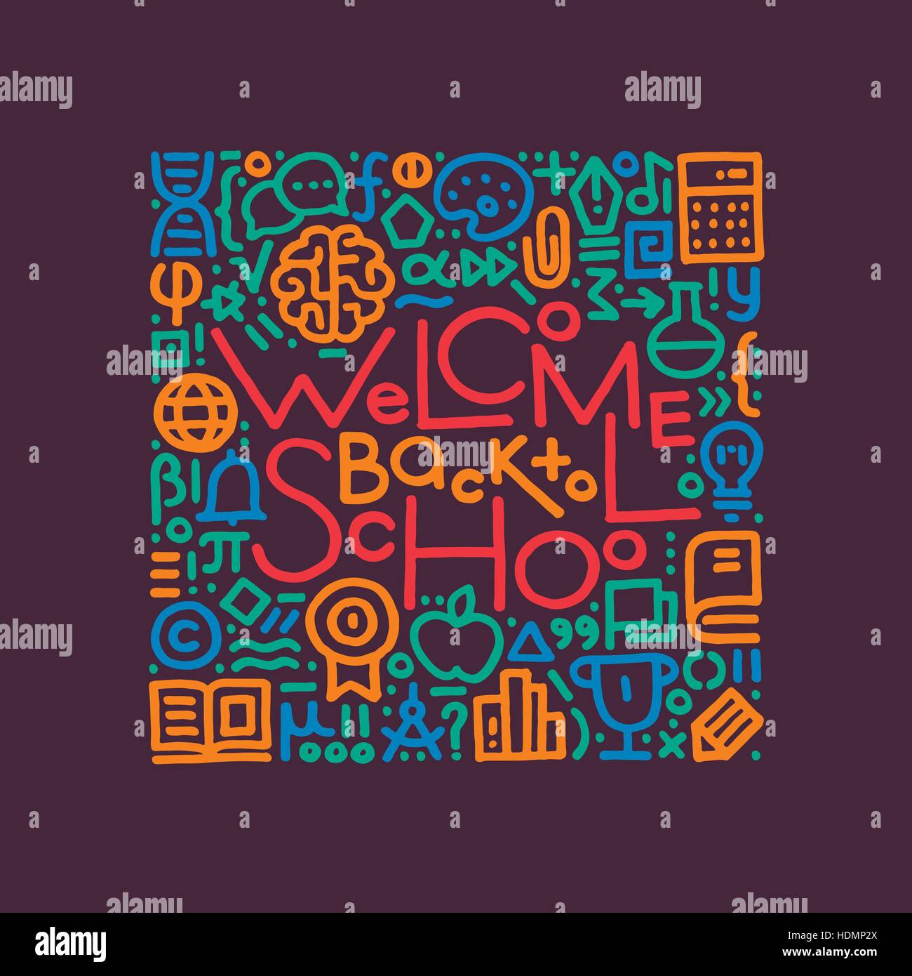 La main moderne vector illustration avec texte : nous sommes de retour à l'école et les différents symboles de l'éducation et de la science : livre, cerveau, ballon. Educat Illustration de Vecteur