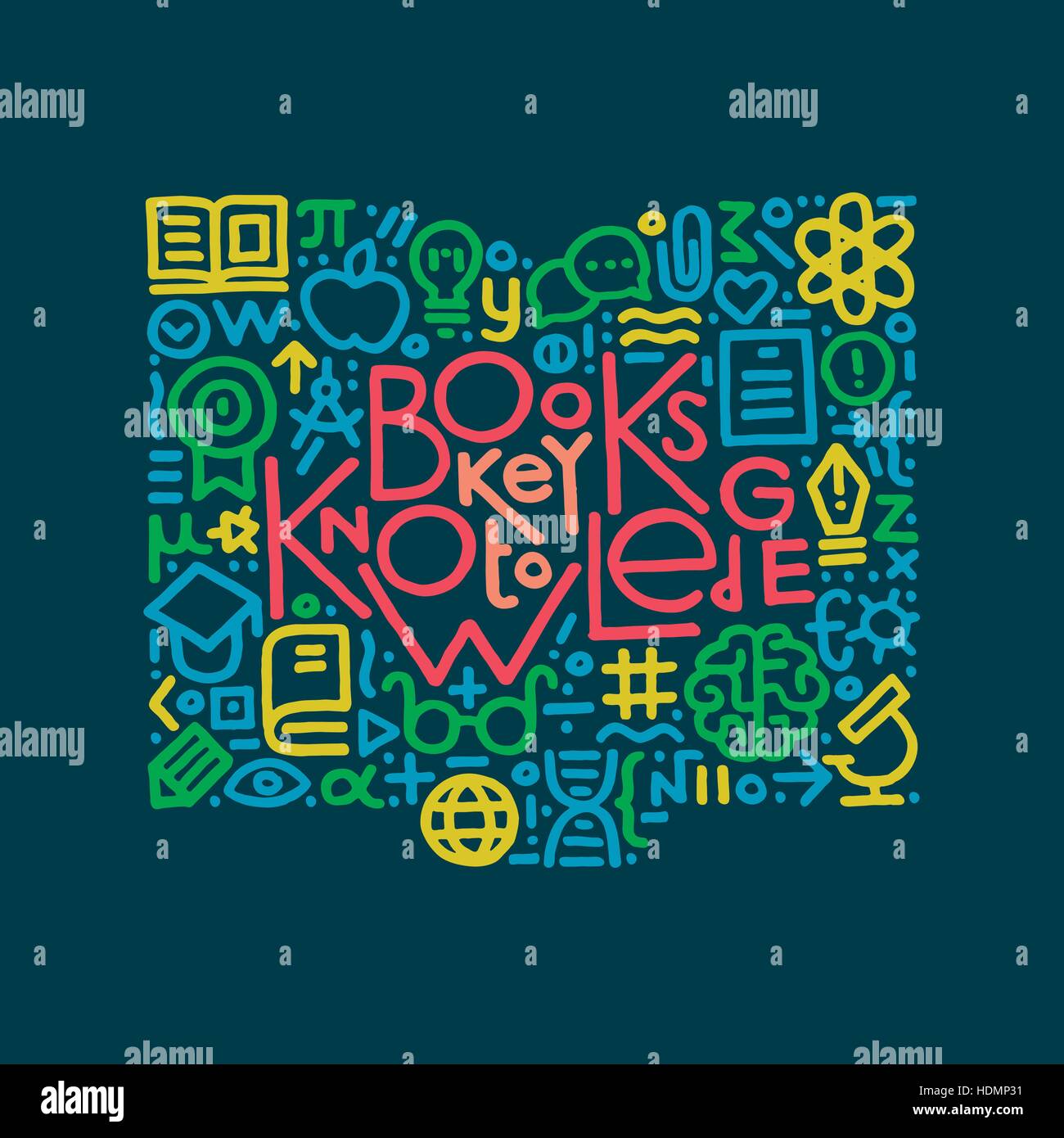 La main moderne vector illustration avec texte : livres la clé de la connaissance et de l'éducation et de différents symboles de la science : livre, globe, ballon. Educat Illustration de Vecteur