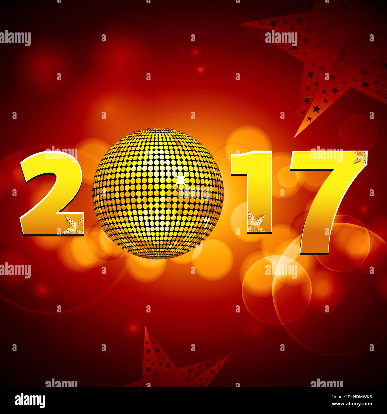 Nouvelle année vingt dix-sept en nombre avec boule disco et étoiles sur fond lumineux rouge et orange Banque D'Images