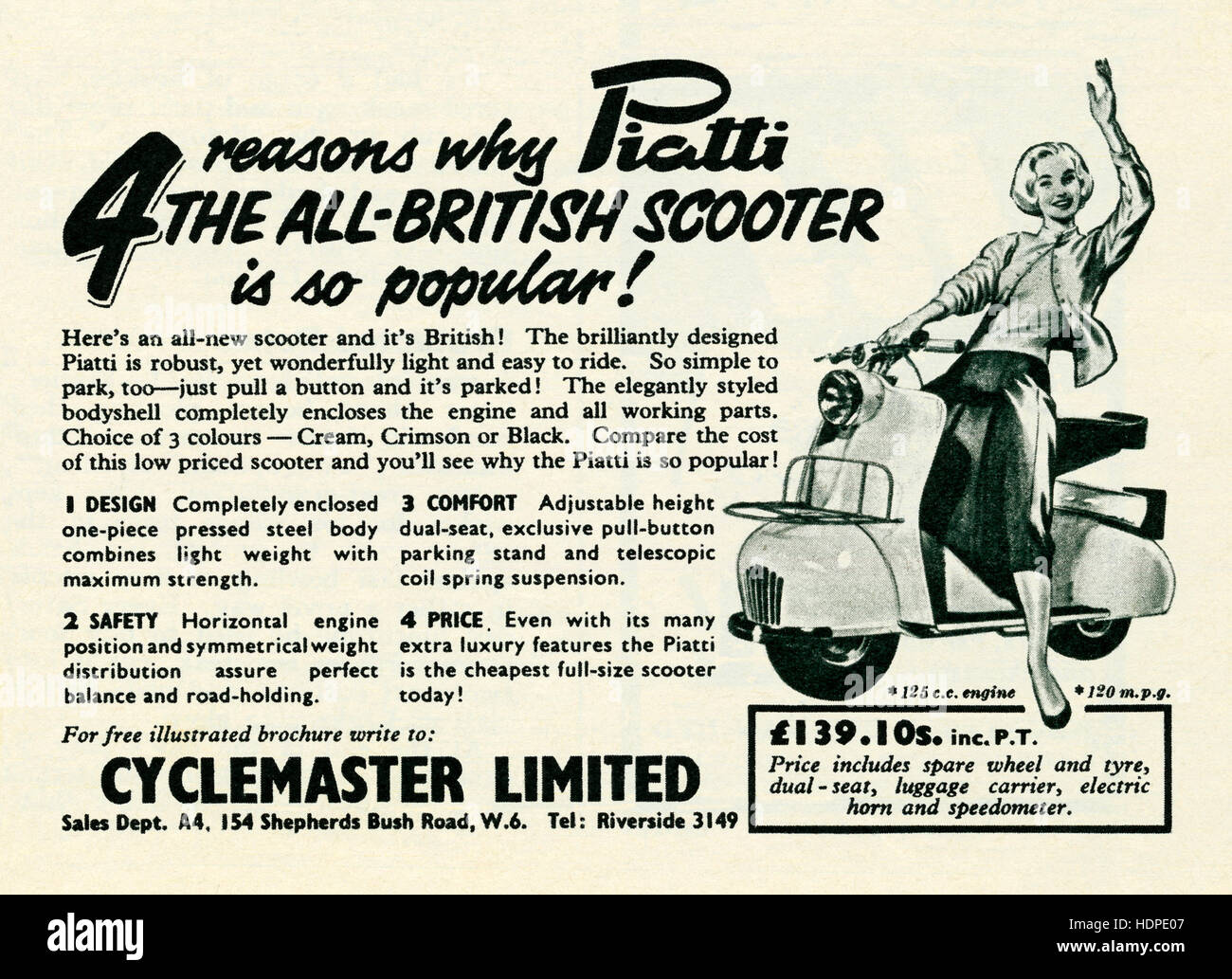 1957 un éloge à la britannique, à l'Italienne Piatti motor scooter Banque D'Images