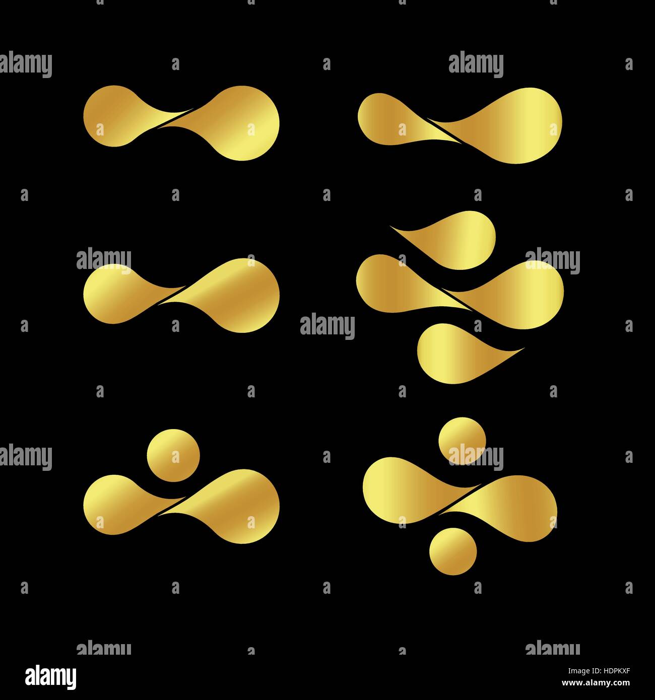 Or isolés résumé logo vector set. Gouttes de peinture lumineuse illustration. Les formes ondulées collection gouttelettes. Plaquettes inhabituelle signes sur fond noir. Illustration de Vecteur