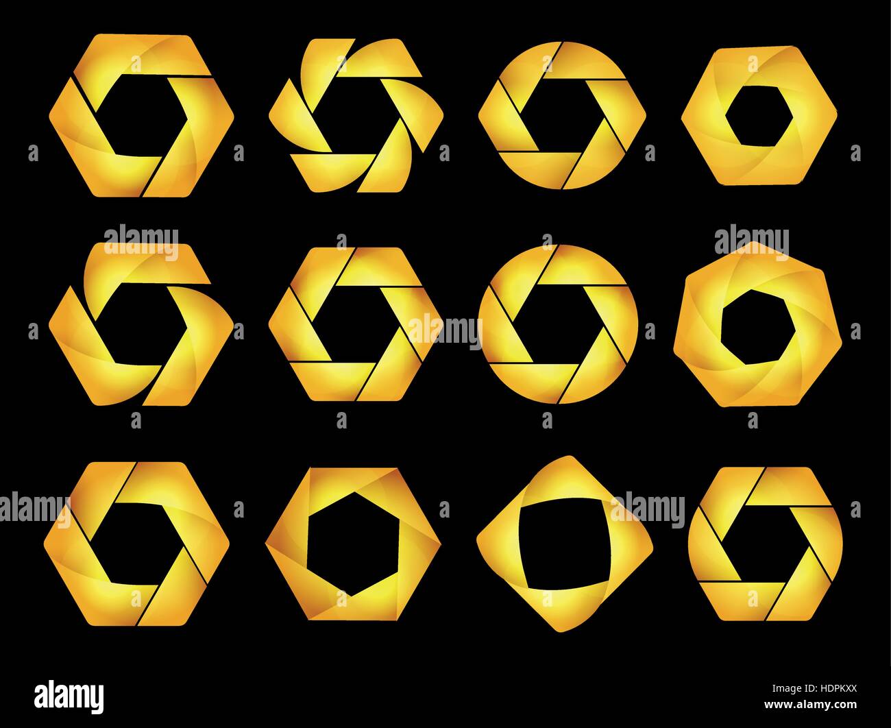 Résumé isolés et l'hexagone ronde collection de logos sur noir. Magasin de bijoux d'or. logotypes L'icône de formes géométriques. Écrou,symbole d'équipement de réparation. Photo capture signe. Vector illustration. Illustration de Vecteur