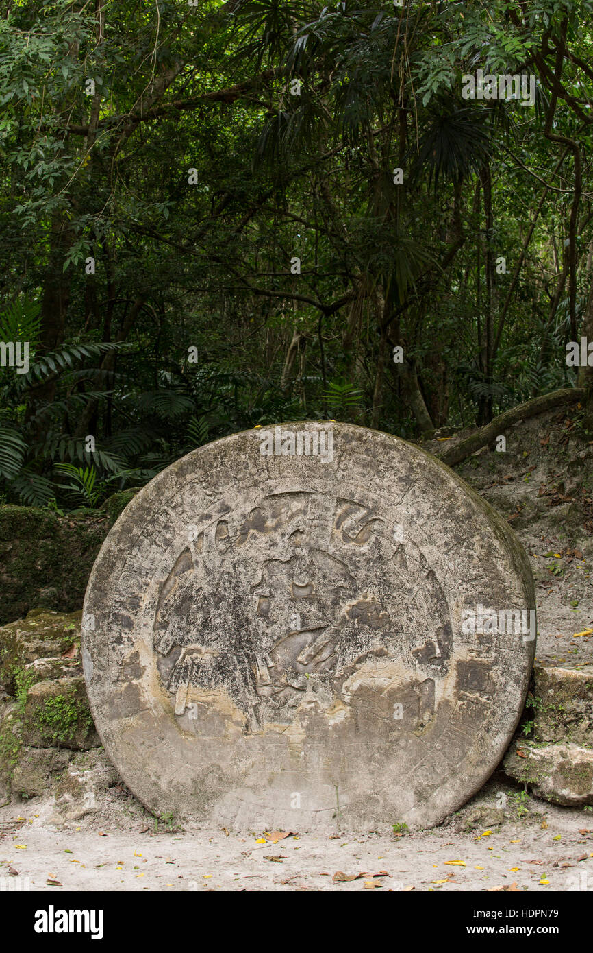 5 L'autel de la sculpture sur pierre, vers 711 après J.-C., montre deux hommes portant le rituel élaboré robe pour la célébration d'une cérémonie importante. Par national de Tikal Banque D'Images