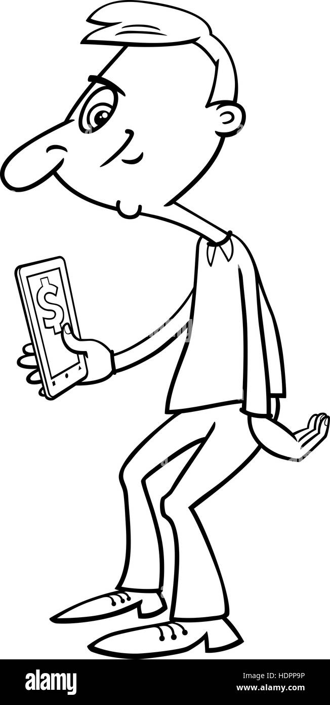 Illustration Cartoon noir et blanc de l'homme et de l'argent virtuel sur son Smart Phone Illustration de Vecteur