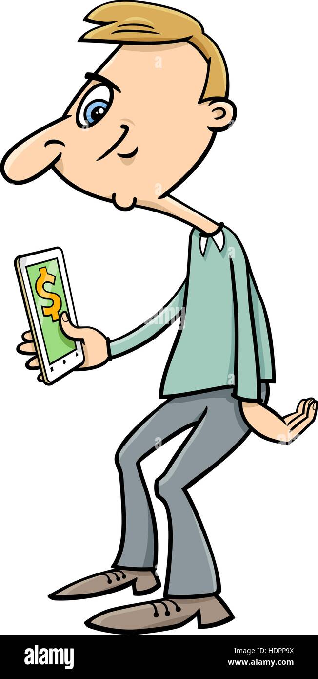 Cartoon Illustration de l'homme et de l'argent virtuel sur son Smart Phone Illustration de Vecteur