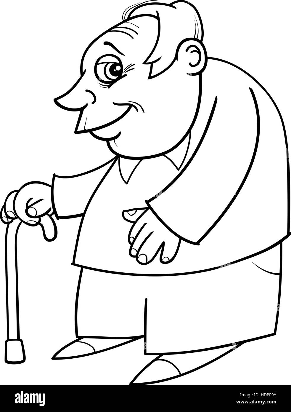 Illustration Cartoon noir et blanc d'âge mûr Senior Homme ou le grand-père avec un livre à colorier de canne Illustration de Vecteur