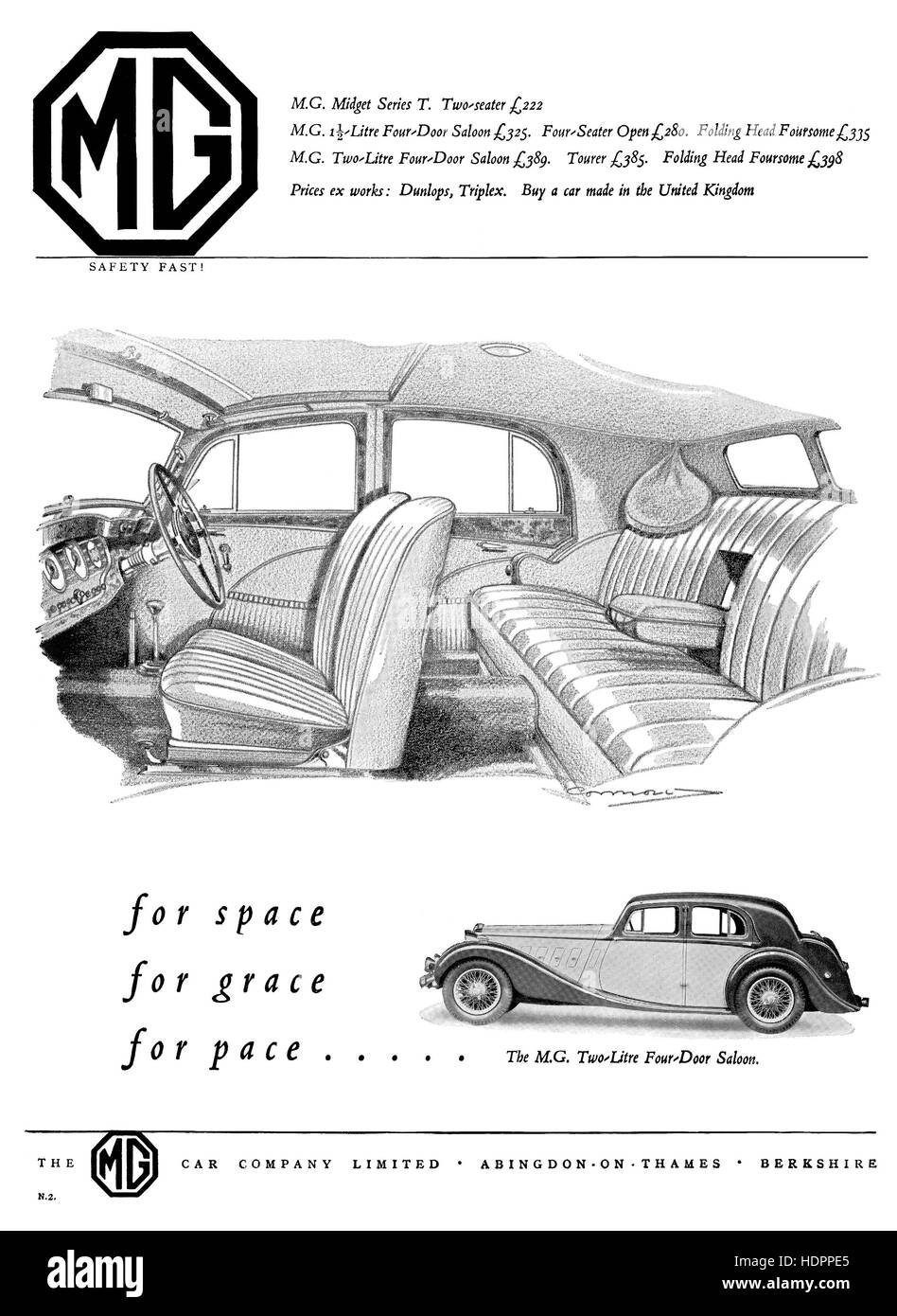 1937 La publicité pour MG Motor Cars Banque D'Images