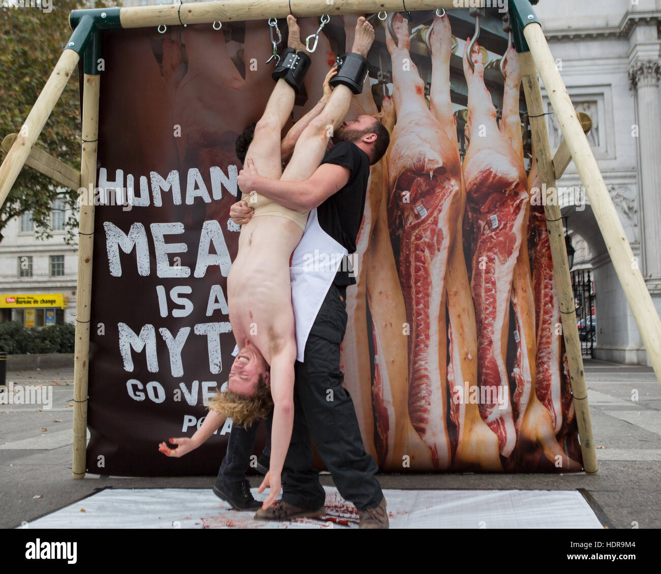 ***Contenu graphique*** Un homme est pendu et "massacrés" organisé pendant une séance de photos pour PeTA, le World Vegan Day à Marble Arch, London dispose d''atmosphère où : London, Royaume-Uni Quand : 01 Nov 2016 Banque D'Images