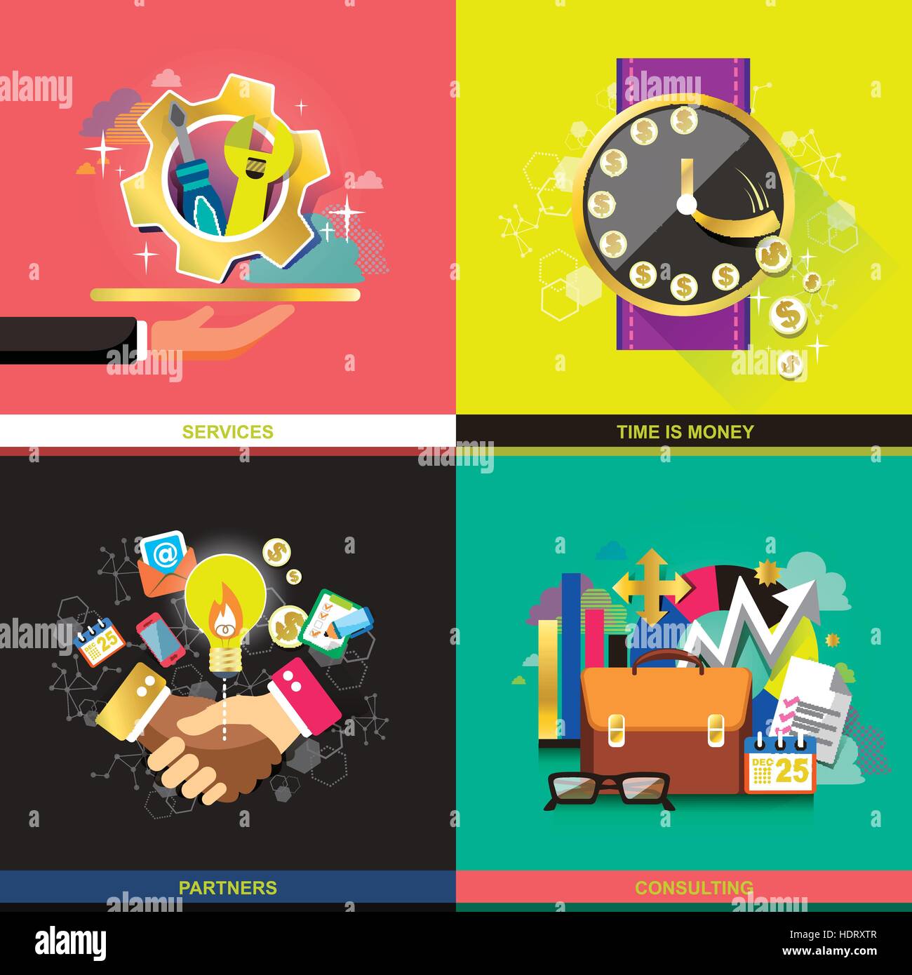 Série de télévision concept design des icônes pour les entreprises. Des icônes pour le temps est argent, partenaires, conseils et services Illustration de Vecteur