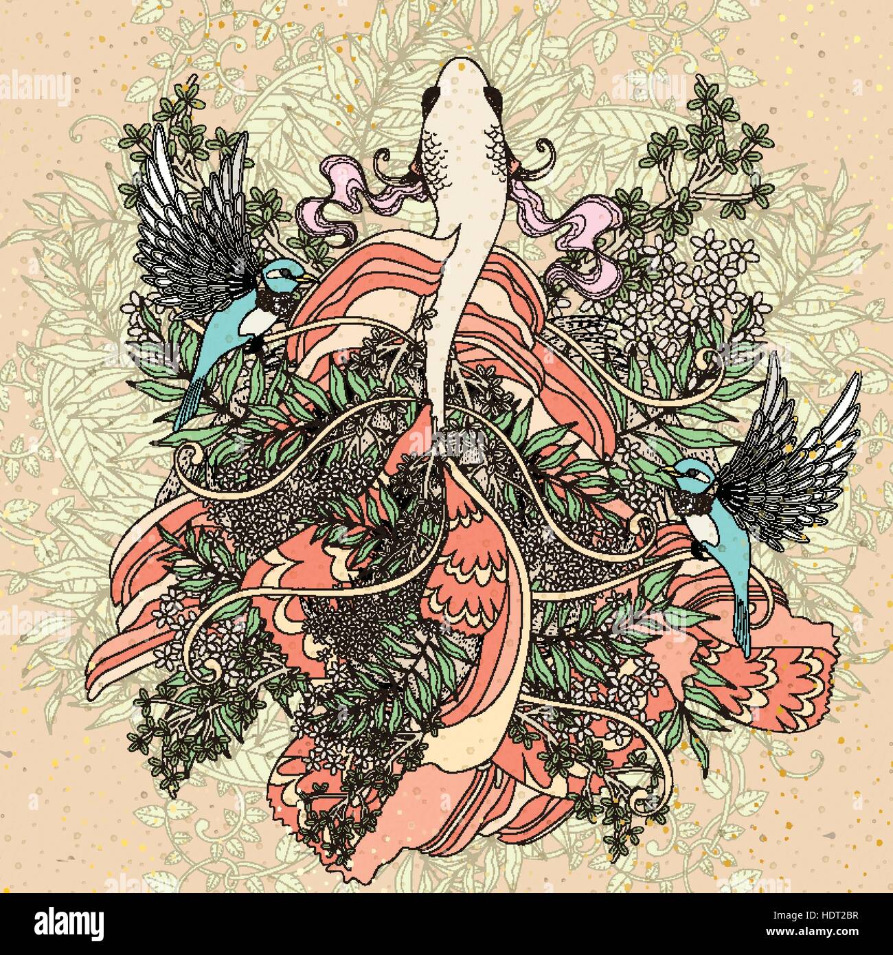 Coloriage poisson élégant avec des éléments floraux en ligne exquis Illustration de Vecteur
