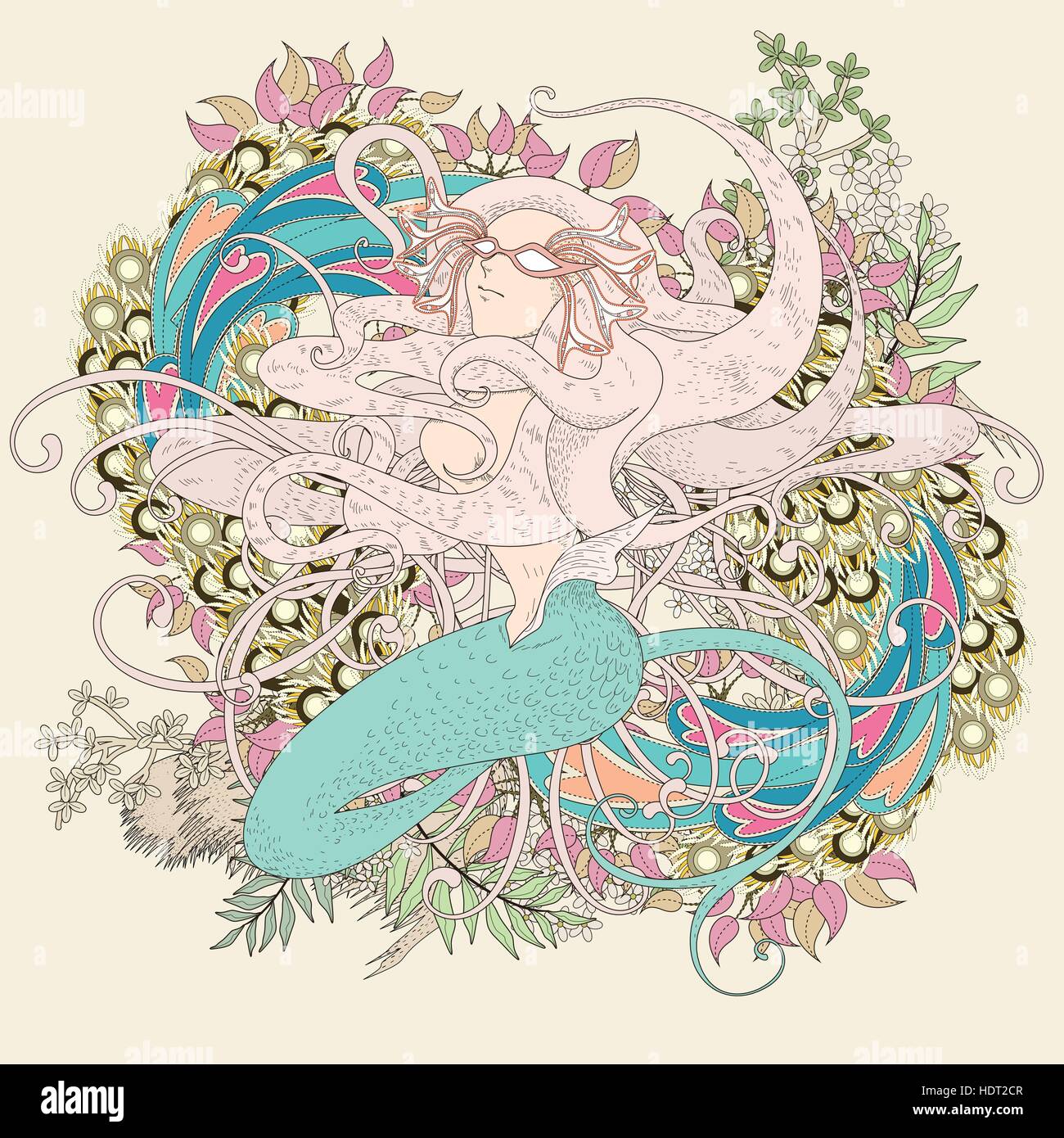 Jolie sirène coloriage avec éléments floraux en ligne exquis Illustration de Vecteur