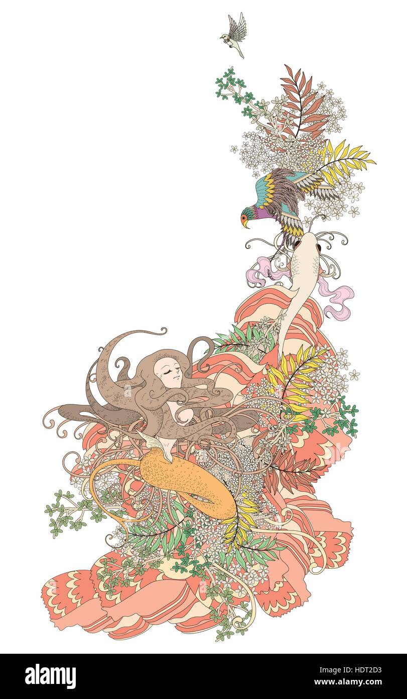Jolie sirène coloriage avec éléments floraux en ligne exquis Illustration de Vecteur
